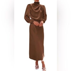 Brown Satin High-Neck Long Sleeve Satin Dress